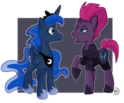 Size: 1280x1063 | Tagged: safe, artist:redpalette, princess luna, tempest shadow, alicorn, pony, unicorn, armor, broken horn, duo, female, folded wings, horn, looking at each other, mare, raised hoof, wings