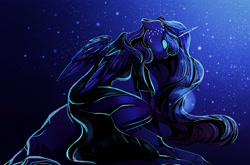 Size: 2766x1824 | Tagged: safe, artist:y0-ki, princess luna, anthro, black dress, clothes, dress, floppy ears, night, no pupils, orbs, rock, side slit, solo, surreal, wavy mane