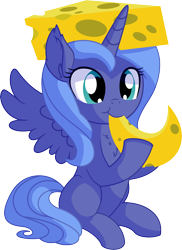 Size: 5656x7762 | Tagged: safe, artist:cyanlightning, princess luna, alicorn, pony, .svg available, absurd resolution, cheese, cheese hat, cheesehead, chest fluff, cute, ear fluff, eating, female, filly, food, hat, lunabetes, precious, simple background, sitting, solo, spread wings, transparent background, vector, wings, woona, younger