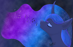 Size: 1280x819 | Tagged: safe, artist:novahkiin707, princess luna, alicorn, pony, bust, curved horn, cute, ear fluff, ethereal mane, eyes closed, galaxy mane, horn, lunabetes, music notes, portrait, profile, signature, singing, solo, starry mane