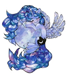 Size: 1080x1227 | Tagged: safe, artist:lispp, artist:share dast, princess luna, alicorn, pony, colored pencil drawing, female, mare, moon, simple background, sleeping, solo, tangible heavenly object, traditional art, watercolor painting, white background