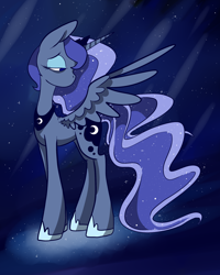 Size: 2000x2500 | Tagged: safe, alternate version, artist:katyusha, princess luna, alicorn, pony, ethereal mane, female, hoof shoes, jewelry, light shading, looking back, mare, night, regalia, spread wings, starry mane, stars, wings