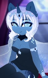 Size: 548x883 | Tagged: safe, artist:magnaluna, princess luna, alicorn, anthro, breasts, cleavage, clothes, colored pupils, cute, dress, ear fluff, female, looking at you, lunabetes, mare, princess balloona, shoulder fluff, smiling, socks, solo, thigh highs, wip, zettai ryouiki