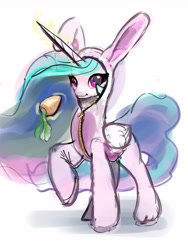 Size: 3638x4827 | Tagged: safe, artist:xbi, princess celestia, alicorn, pony, 30 minute art challenge, animal costume, bunny costume, bunny ears, bunnylestia, carrot, clothes, costume, cute, cutelestia, easter, female, food, holiday, mare, simple background, solo, white background, zipper