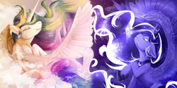 Size: 8000x4000 | Tagged: safe, artist:magentell, princess celestia, princess luna, alicorn, pony, absurd resolution, duo, experimental style, female, jewelry, mare, regalia, royal sisters