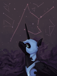 Size: 1000x1333 | Tagged: safe, artist:weird--fish, nightmare moon, alicorn, pony, constellation, female, helmet, mare, night, sky, solo, stars