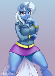 Size: 580x800 | Tagged: safe, artist:iloota, trixie, anthro, unguligrade anthro, unicorn, equestria girls, breasts, clothes, cute, equestria girls outfit, female, gradient background, hoodie, looking at you, mare, miniskirt, skirt, solo, thighs