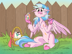 Size: 1280x960 | Tagged: safe, artist:agent-sketch-pad, silverstream, hippogriff, basket, cheek fluff, cute, diastreamies, easter, easter egg, egg, female, fence, holiday, paint, paintbrush, painting, sitting, solo, tongue out