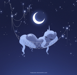 Size: 3219x3150 | Tagged: safe, artist:katputze, princess luna, alicorn, pony, crescent moon, cute, female, hammock, lunabetes, mare, moon, night, s1 luna, sleeping, solo, wingless