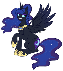 Size: 759x855 | Tagged: safe, artist:lulubell, nightmare moon, pony, alternate hairstyle, alternate universe, champion au, grin, hoof shoes, jewelry, regalia, simple background, smiling, solo, transparent background