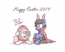 Size: 2560x2048 | Tagged: safe, artist:sugar morning, oc, oc only, oc:bizarre song, oc:sugar morning, pegasus, pony, bunny ears, cape, clothes, couple, easter, egg, female, holiday, male, mare, silly, simple background, sitting, sketch, stallion, sugarre, text, traditional art, weird, white background