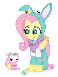 Size: 1200x1600 | Tagged: safe, artist:spookitty, angel bunny, fluttershy, pegasus, pony, rabbit, angel is not amused, animal costume, bunny costume, bunny ears, bunnyshy, clothes, costume, cute, duo, easter, easter bunny, easter egg, holiday, holiday special, patreon, shyabetes, whiskers