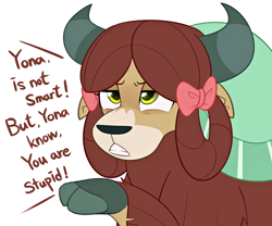 Size: 3000x2500 | Tagged: safe, artist:maren, yona, yak, bow, burn, cute, dialogue, female, hair bow, lidded eyes, monkey swings, reaction image, simple background, solo, talking to viewer, truth, white background, yonadorable