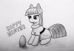 Size: 2673x1851 | Tagged: safe, artist:solarbutt, maud pie, earth pony, pony, clothes, dress, easter, female, holiday, mare, rock, sitting, smiling, when she smiles
