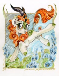 Size: 1580x2047 | Tagged: safe, artist:sararichard, autumn blaze, kirin, sounds of silence, awwtumn blaze, cute, female, flower, foal's breath, looking at you, smiling, solo, traditional art