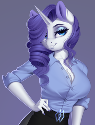 Size: 1246x1647 | Tagged: safe, artist:evehly, rarity, anthro, unicorn, bedroom eyes, big breasts, blouse, breasts, cleavage, clothes, cropped, cute, eyelashes, female, hair over one eye, hand on hip, huge breasts, looking at you, mare, nail polish, raribetes, raritits, sexy, smiling, solo