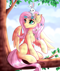 Size: 2477x2928 | Tagged: safe, artist:airiniblock, angel bunny, fluttershy, pegasus, pony, collaboration, anatomically incorrect, cute, dappled sunlight, duo, female, floral head wreath, flower, head turn, human shoulders, looking up, mare, outdoors, raised hoof, rcf community, sitting, smiling, spread wings, tree, tree branch, wings