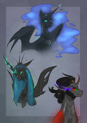 Size: 2480x3508 | Tagged: safe, artist:vincher, king sombra, nightmare moon, queen chrysalis, alicorn, changeling, changeling queen, pony, unicorn, colored horn, curved horn, female, glowing horn, horn, male, mare, quadrupedal, smiling, sombra eyes, stallion, trio