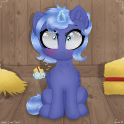 Size: 3500x3500 | Tagged: safe, artist:darkest-lunar-flower, princess luna, alicorn, pony, :t, blushing, chest fluff, cute, ear fluff, eating, female, filly, glowing horn, hay, levitation, lunabetes, magic, nom, sitting, solo, telekinesis, woona, younger