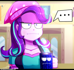 Size: 1020x960 | Tagged: safe, artist:the-butch-x, starlight glimmer, equestria girls, marks for effort, ..., :i, animate object, beanie, breasts, chocolate, clothes, coffee mug, cute, empathy cocoa, equestria girls interpretation, female, food, hat, hot chocolate, i mean i see, mug, scene interpretation, shirt, solo, speech bubble, starlight jiggler, vest