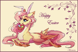 Size: 3010x2012 | Tagged: safe, artist:marbola, fluttershy, pegasus, pony, basket, bunny ears, chest fluff, cute, ear fluff, easter basket, easter egg, female, mare, pale belly, shyabetes, solo, tail feathers, unshorn fetlocks