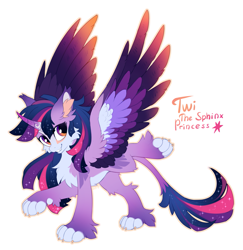 Size: 1243x1280 | Tagged: safe, artist:hioshiru, twilight sparkle, twilight sparkle (alicorn), alicorn, sphinx, alternate design, chest fluff, curved horn, cute, ear fluff, fangs, fluffy, horn, leg fluff, leonine tail, multicolored hair, paws, species swap, sphinxified, tail fluff