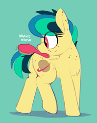 Size: 659x831 | Tagged: safe, artist:shinodage, oc, oc only, oc:apogee, pegasus, pony, body freckles, brush, brushie, brushie brushie, cute, diageetes, ear freckles, eye clipping through hair, female, filly, freckles, mouth hold, ocbetes, simple background, solo, teal background