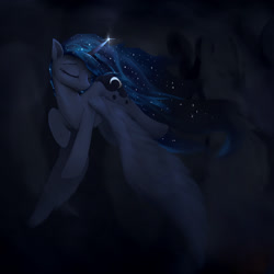 Size: 1600x1600 | Tagged: source needed, safe, artist:noctilucent-arts, edit, princess luna, alicorn, pony, dark, eyes closed, female, flying, mare, smiling, solo