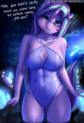 Size: 2063x3001 | Tagged: safe, alternate version, artist:twistedscarlett60, starlight glimmer, anthro, unicorn, abs, bedroom eyes, belly button, blushing, boob window, breasts, cheek fluff, chest fluff, cleavage, clothes, colored pupils, dialogue, eyeshadow, female, high res, imminent sex, looking at you, makeup, mare, one-piece swimsuit, open mouth, sexy, shoulder fluff, solo, starlight jiggler, stupid sexy starlight glimmer, swimsuit, underass, water, wet