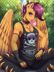 Size: 1800x2400 | Tagged: safe, artist:evomanaphy, scootaloo, anthro, pegasus, adult, badass, boobaloo, bracelet, breasts, bubblegum, choker, cleavage, clothes, cutie mark necklace, ear piercing, eyeliner, eyeshadow, female, fingerless gloves, fishnets, food, gloves, gum, implied rainbow dash, jeans, jewelry, lidded eyes, lip piercing, makeup, nail polish, necklace, older, older scootaloo, open mouth, pants, piercing, punk, solo, spiked choker, tanktop, torn clothes