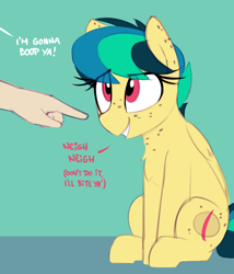 Size: 1286x1505 | Tagged: safe, artist:shinodage, oc, oc only, oc:apogee, pegasus, pony, chest fluff, cute, diageetes, dialogue, disembodied hand, eye clipping through hair, eyelashes, female, filly, freckles, hand, horse noises, imminent bite, imminent boop, language barrier, neigh, ocbetes, offscreen character, offscreen human, pointing, simple background, smiling, this will end in pain
