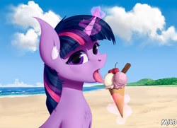 Size: 1600x1160 | Tagged: safe, artist:mricantdraw, twilight sparkle, unicorn twilight, pony, unicorn, beach, bust, cherry, chest fluff, cloud, cute, ear fluff, eating, female, food, glowing horn, ice cream, ice cream cone, looking at you, magic, mare, open mouth, portrait, solo, telekinesis, tongue out, twiabetes