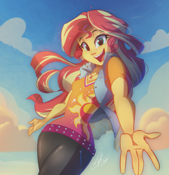 Size: 1161x1200 | Tagged: safe, artist:light262, sunset shimmer, human, equestria girls, beautiful, clothes, cloud, cropped, cute, female, geode of empathy, looking at you, magical geodes, open mouth, pants, shimmerbetes, shirt, signature, sky, solo