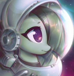 Size: 2907x3002 | Tagged: safe, artist:mirroredsea, marble pie, earth pony, pony, astronaut, colored pupils, cute, female, frown, hair over one eye, helmet, looking at something, marblebetes, mare, solo, space, space helmet, spacesuit