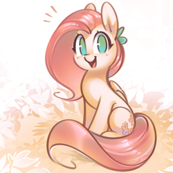 Size: 3000x3000 | Tagged: safe, artist:mirroredsea, fluttershy, pegasus, pony, cute, female, folded wings, looking at you, mare, no pupils, open mouth, shyabetes, sitting, smiling, solo, three quarter view, wings