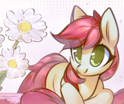 Size: 3000x2522 | Tagged: safe, artist:mirroredsea, roseluck, earth pony, pony, cute, cuteluck, eye clipping through hair, female, flower, mare, missing cutie mark, no pupils, solo