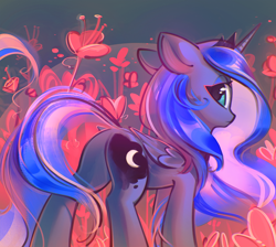 Size: 1200x1076 | Tagged: safe, artist:mirroredsea, princess luna, alicorn, pony, abstract background, cute, female, floppy ears, flower, lidded eyes, looking at you, looking back, looking back at you, lunabetes, mare, plot, solo
