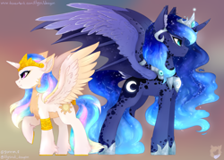 Size: 2800x2000 | Tagged: safe, artist:flysouldragon, princess celestia, princess luna, alicorn, pony, alternate design, alternate universe, constellation, ethereal mane, fluffy, galaxy mane, hybrid wings, jewelry, regalia, role reversal, spread wings, standing, unshorn fetlocks, wings