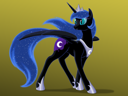 Size: 2000x1500 | Tagged: safe, artist:nebulastar985, nightmare moon, alicorn, pony, cute, cute little fangs, ethereal mane, fangs, female, jewelry, looking at something, mare, moonabetes, regalia, simple background, solo, spread wings, starry mane, tiara, wings