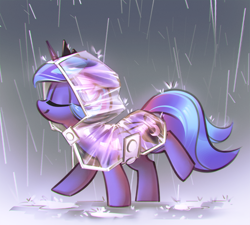 Size: 1200x1080 | Tagged: safe, artist:mirroredsea, princess luna, alicorn, pony, cloak, clothes, cute, eyes closed, female, filly, gradient background, gray background, lunabetes, missing accessory, parka, poncho, puddle, rain, raincoat, raised hoof, raised leg, s1 luna, simple background, smiling, solo, sweet dreams fuel, walking, woona, younger