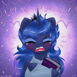 Size: 3500x3500 | Tagged: safe, artist:darkest-lunar-flower, princess luna, alicorn, pony, blushing, book, clothes, crying, eyes closed, female, holding, mare, open mouth, solo, sweater, teary eyes