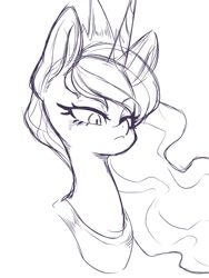 Size: 750x1000 | Tagged: safe, artist:kaikoinu, princess luna, alicorn, pony, black and white, bust, female, grayscale, mare, monochrome, not amused face, pathetic, simple background, sketch, solo, white background