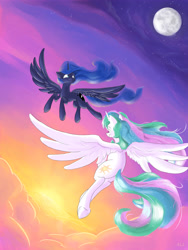 Size: 3750x5000 | Tagged: safe, artist:rocket-lawnchair, artist:sonicontinuum, princess celestia, princess luna, alicorn, pony, cloud, duo, evening, female, flying, full moon, high res, mare, missing accessory, moon, night, royal sisters, sisters, sky, smiling, spread wings, stars, sun, wings