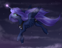 Size: 4200x3300 | Tagged: safe, artist:sukiskuki, princess luna, alicorn, pony, cloud, female, glowing horn, horn, mare, smiling, solo, spread wings, wings