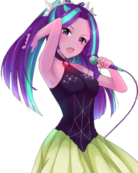 Size: 640x800 | Tagged: safe, artist:weiliy, aria blaze, equestria girls, rainbow rocks, anime, ariabetes, armpits, bare shoulders, clothes, cute, dress, female, gem, microphone, pigtails, simple background, siren gem, sleeveless, solo, transparent background