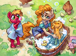 Size: 2800x2067 | Tagged: safe, artist:holivi, applejack, big macintosh, pear butter, anthro, bird, chicken, earth pony, unguligrade anthro, armpits, bath, bathing, bathtub, brother and sister, brush, bubble, chicks, clothes, colt, cute, female, filly, floppy ears, foal, freckles, grass, happy, jackabetes, macabetes, male, mare, mother and child, mother and daughter, mother and son, motherly, motherly love, nipples, nudity, open mouth, parent and child, pointing, siblings, soap bubble, suds, toddler, towel, trio, unshorn fetlocks, water, weapons-grade cute, wholesome, younger