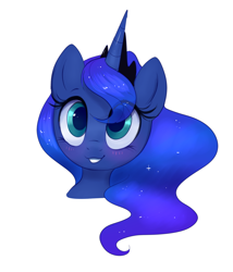 Size: 1310x1528 | Tagged: safe, artist:confetticakez, princess luna, alicorn, pony, blushing, bust, crown, cute, ethereal mane, eye clipping through hair, female, galaxy mane, head, jewelry, lunabetes, mare, regalia, simple background, smiling, solo, starry mane, white background