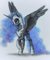 Size: 2448x2926 | Tagged: safe, artist:su50, nightmare moon, alicorn, pony, colored pencil drawing, female, helmet, mare, raised hoof, simple background, smiling, solo, spread wings, traditional art, white background, wings