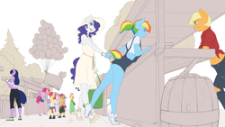 Size: 4800x2700 | Tagged: safe, artist:captainpudgemuffin, apple bloom, applejack, fluttershy, pinkie pie, rainbow dash, rarity, scootaloo, sweetie belle, twilight sparkle, unicorn twilight, anthro, earth pony, pegasus, plantigrade anthro, unicorn, alternate hairstyle, booth, clipboard, clothes, commission, complex background, cotton candy, cutie mark crusaders, dress, female, filly, food, halter top, hat, holding hands, leaning, leaning forward, lesbian, mane six, mare, market, midriff, monochrome, partial color, ponytail, popsicle, purse, raridash, ripped jeans, ripped pants, sandals, shipping, shirt, short hair, short tail, shorts, side knot midriff, sketch, sundress, wingless, wingless anthro, wip, writing