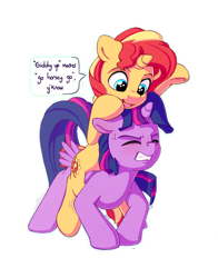 Size: 1100x1400 | Tagged: safe, artist:bobdude0, sunset shimmer, twilight sparkle, twilight sparkle (alicorn), alicorn, pony, unicorn, cute, dialogue, duo, eyes closed, female, gritted teeth, looking down, mare, misleading thumbnail, open mouth, ponies riding ponies, shimmerbetes, simple background, straining, sweat, transparent background, white outline